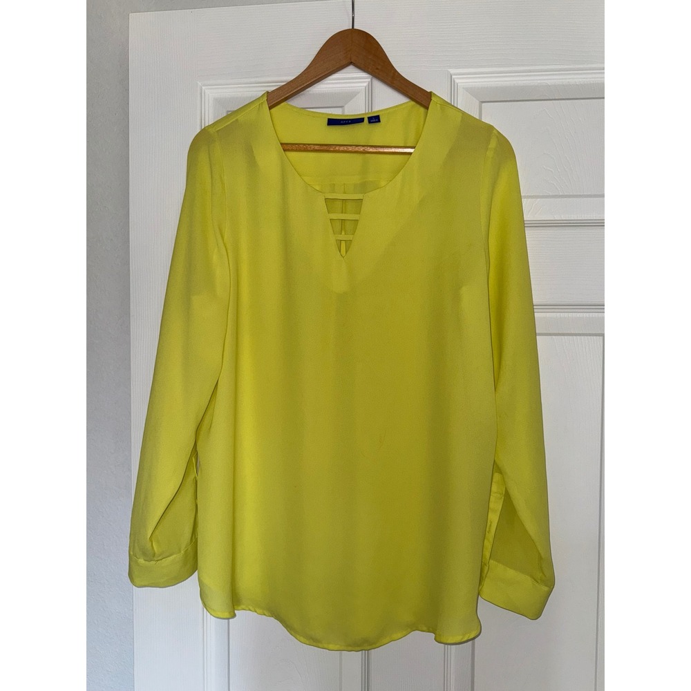Womens L Neon Yellow Cage V-Neck Roll-Tab Sleeve Blouse Coquette Eclectic Chic